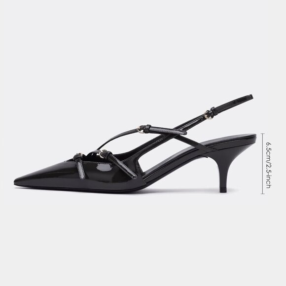 🆕Black Sling back Kitten Heels for Women, Pointed Toe  Sandals with Buckle - Picture 3 of 7